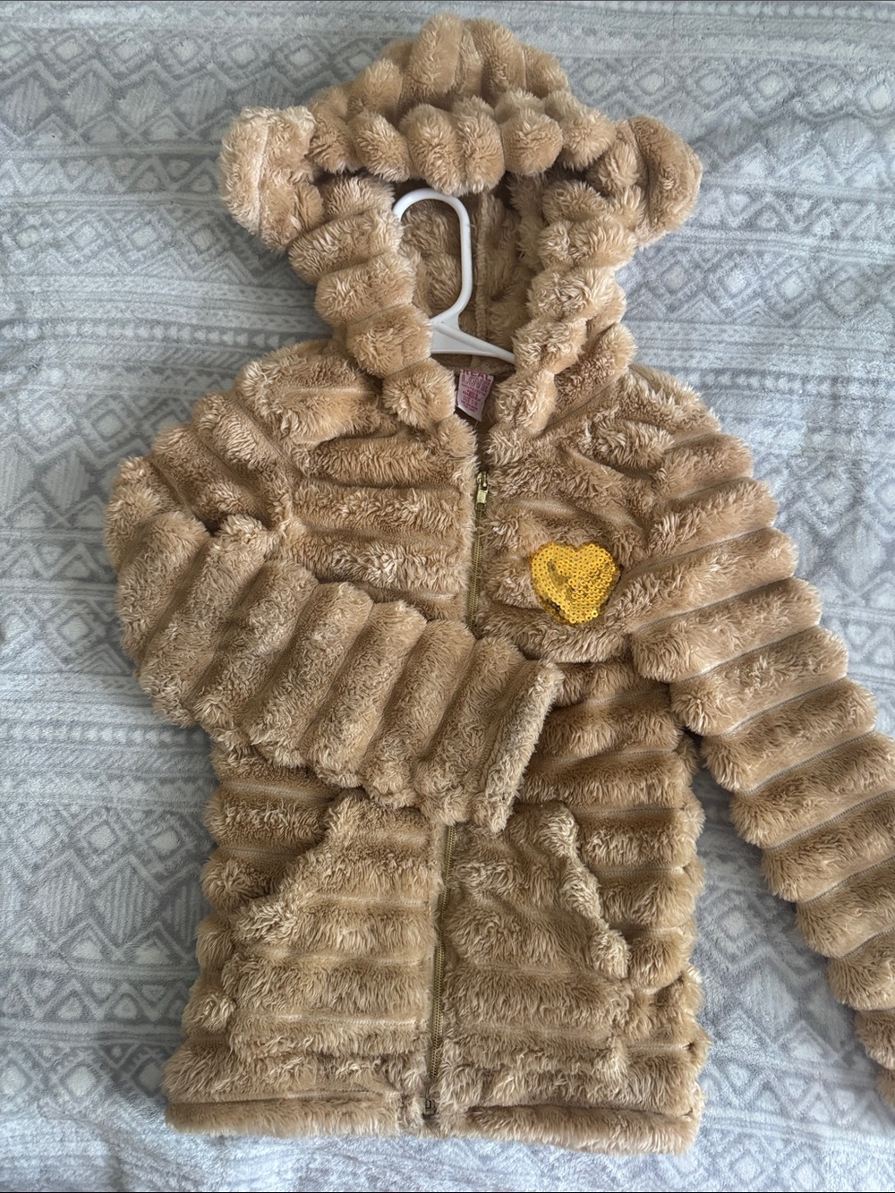 Faux Fur Teddy Bear Hooded Jacket with Heart Patch - Tan